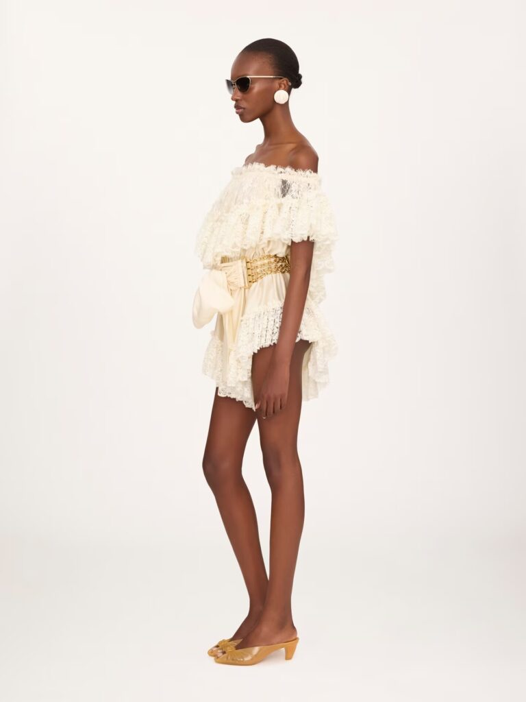 Off-The-Shoulder Mini Jumpsuit in Washed Silk Satin & Lace Full Size Image 4