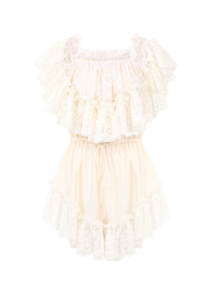 Off-The-Shoulder Mini Jumpsuit in Washed Silk Satin & Lace Full Size Image 5