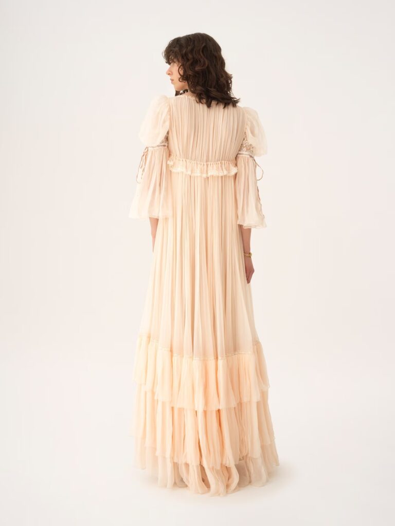 Oversized Long Ruffled Dress in Silk Mousseline & Lace Full Size Image 5