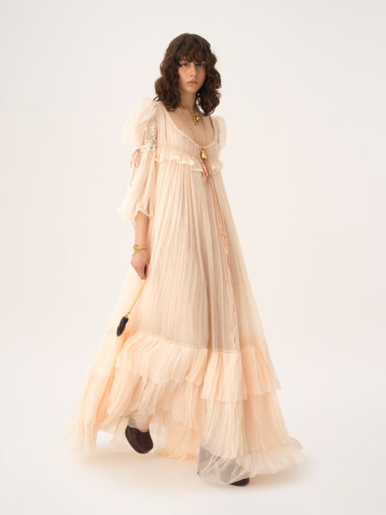 Oversized Long Ruffled Dress in Silk Mousseline & Lace Full Size Image 4