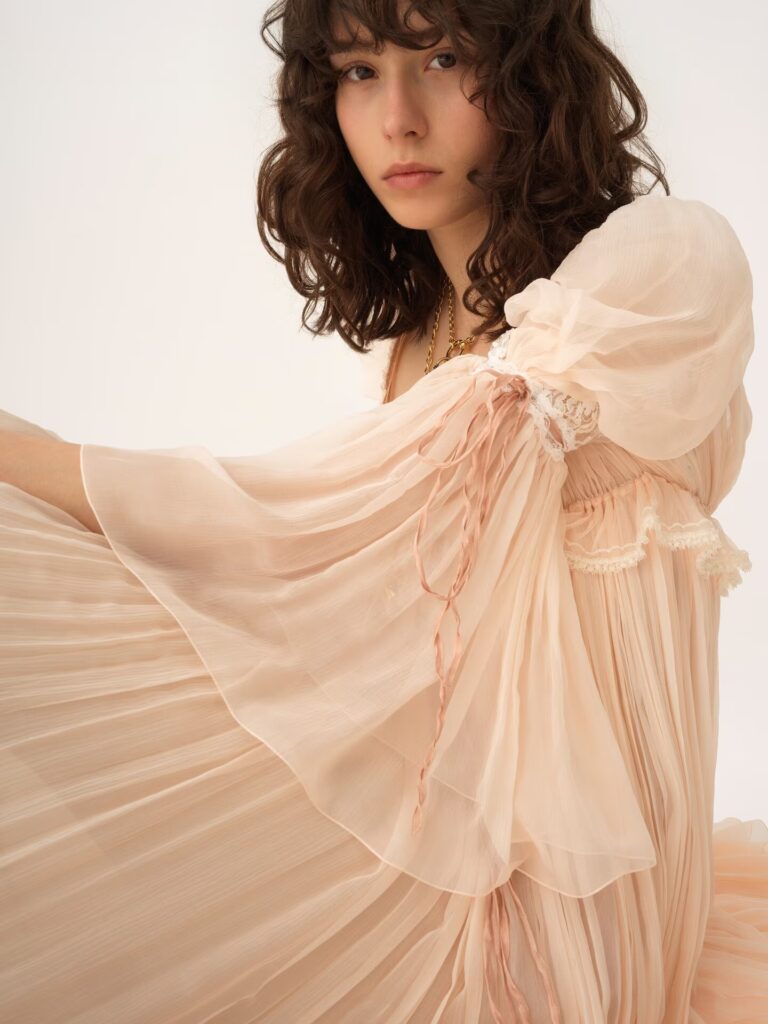 Oversized Long Ruffled Dress in Silk Mousseline & Lace Full Size Image 3