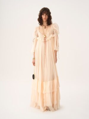 CHLOÉ Oversized Long Ruffled Dress in Silk Mousseline & Lace