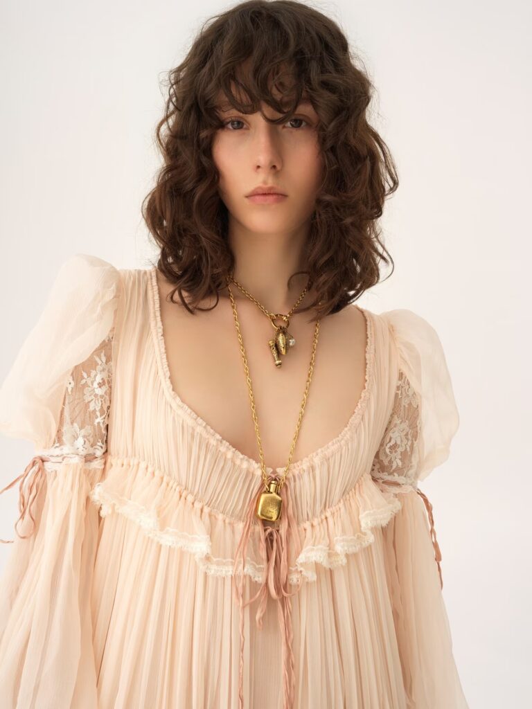 Oversized Long Ruffled Dress in Silk Mousseline & Lace Full Size Image 2