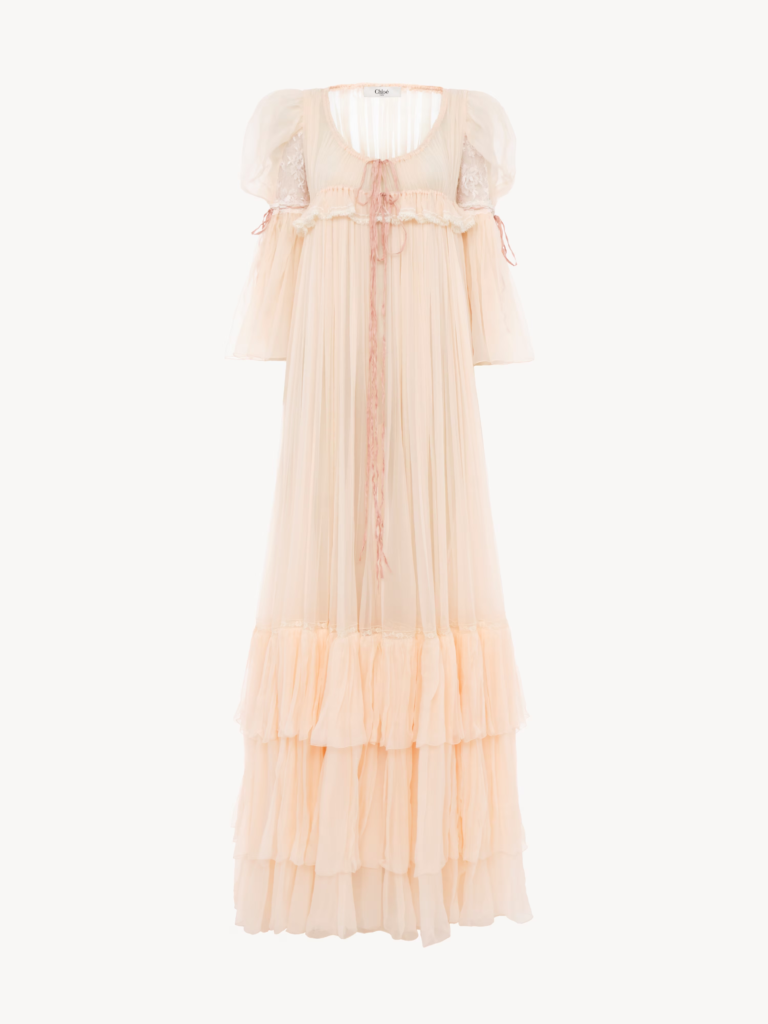 Oversized Long Ruffled Dress in Silk Mousseline & Lace Full Size Image 6