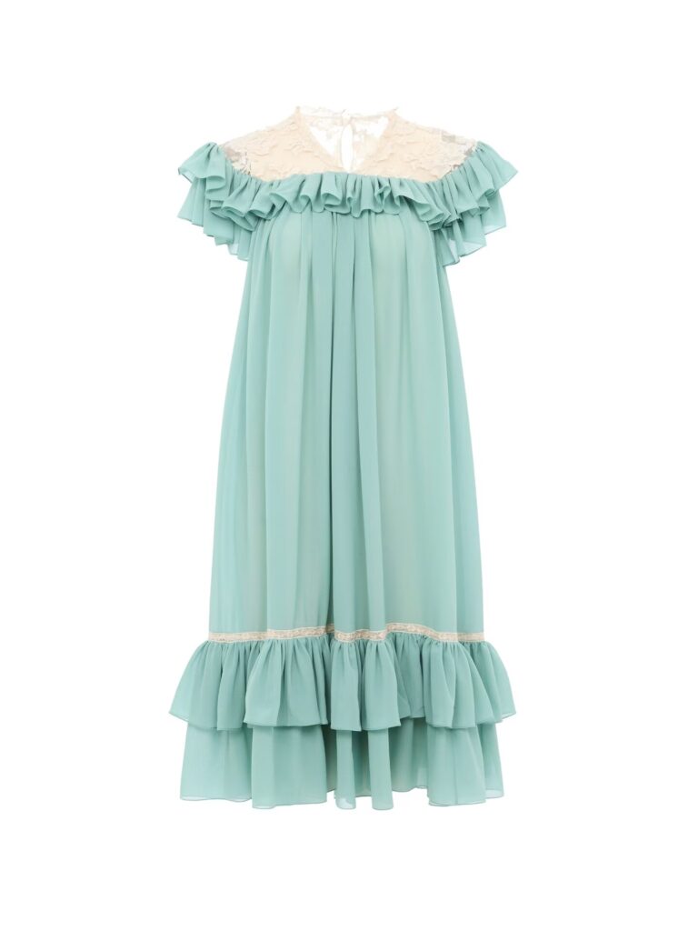 Short-Sleeve Mini Dress in Silk Georgette& Lace Full Size Image 3