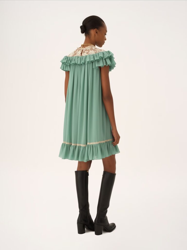 Short-Sleeve Mini Dress in Silk Georgette& Lace Full Size Image 4