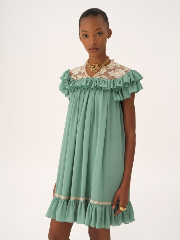 Short-Sleeve Mini Dress in Silk Georgette& Lace Full Size Image 2