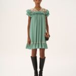 Short-Sleeve Mini Dress in Silk Georgette& Lace Thumbnail 1