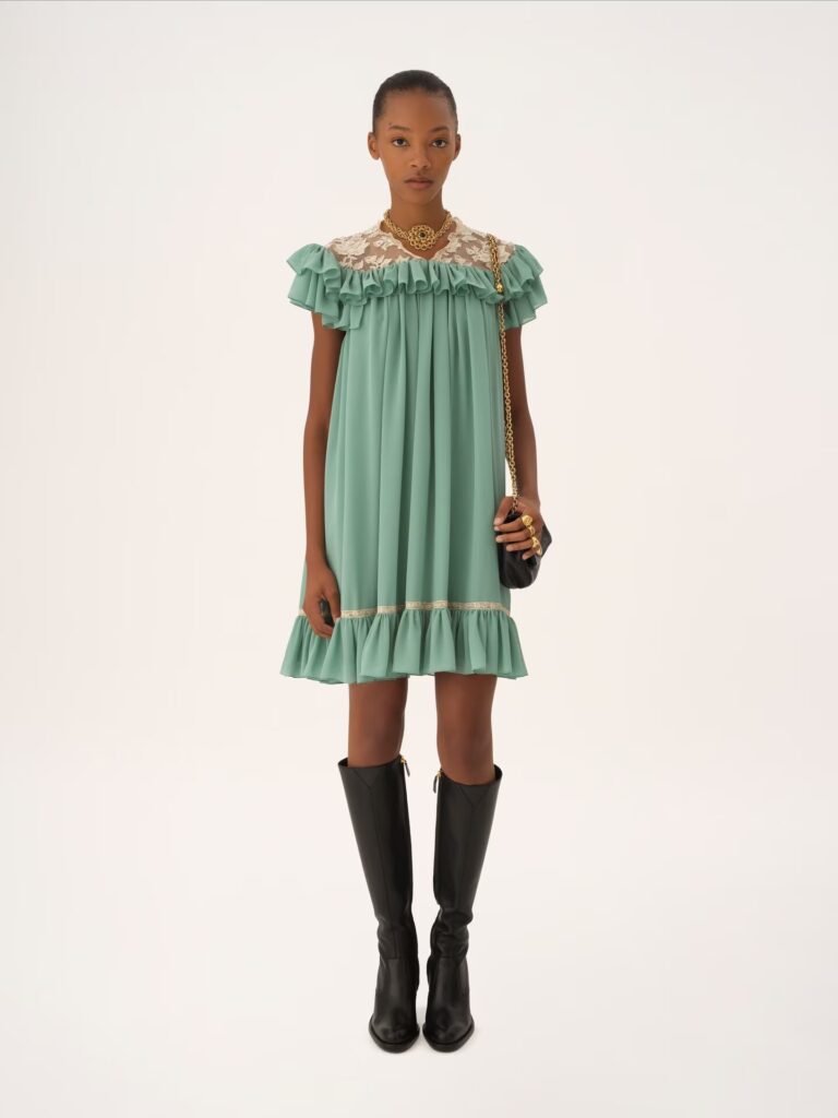 Short-Sleeve Mini Dress in Silk Georgette& Lace Full Size Image 1