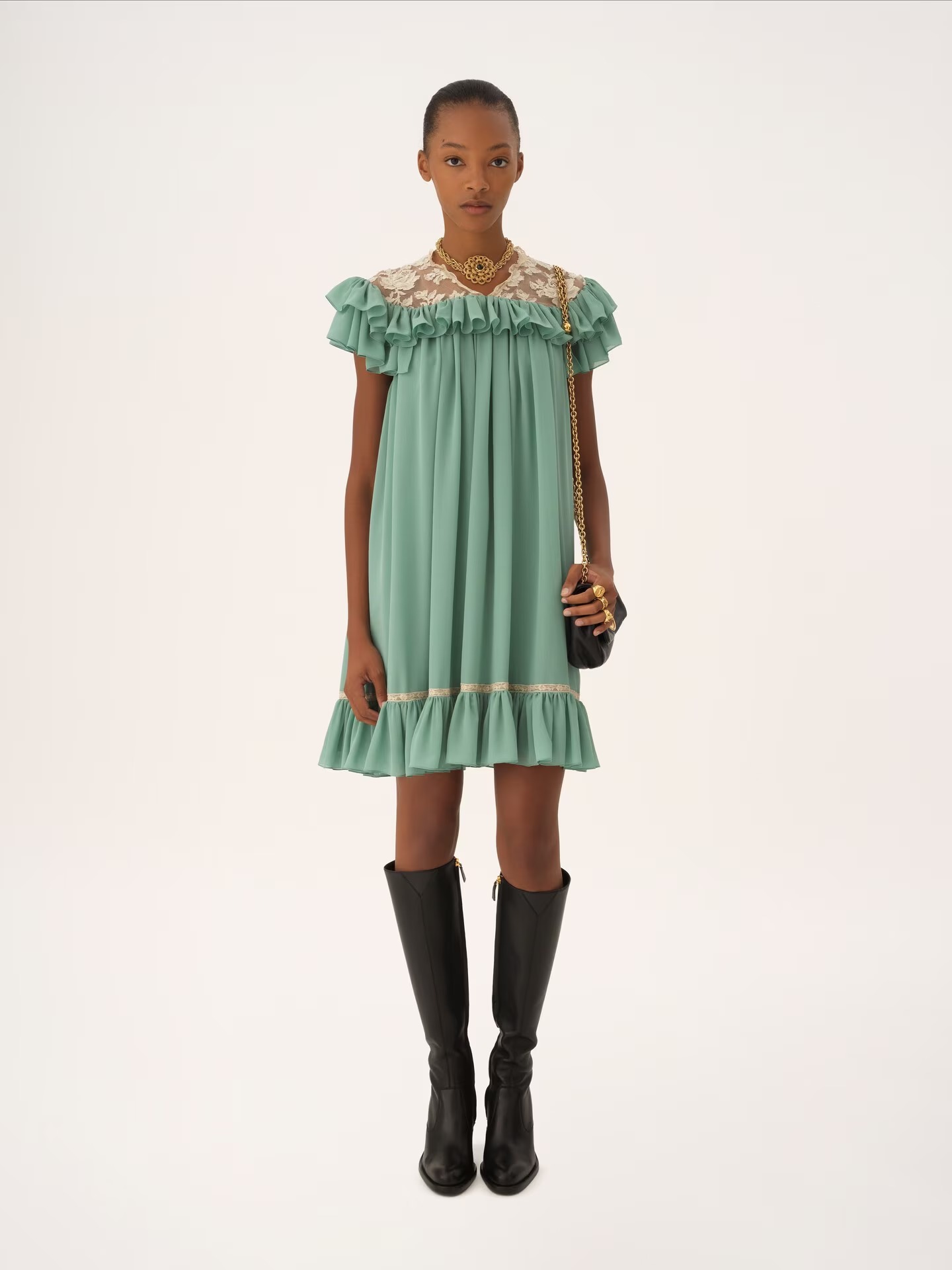 CHLOÉ Short-Sleeve Mini Dress in Silk Georgette& Lace
