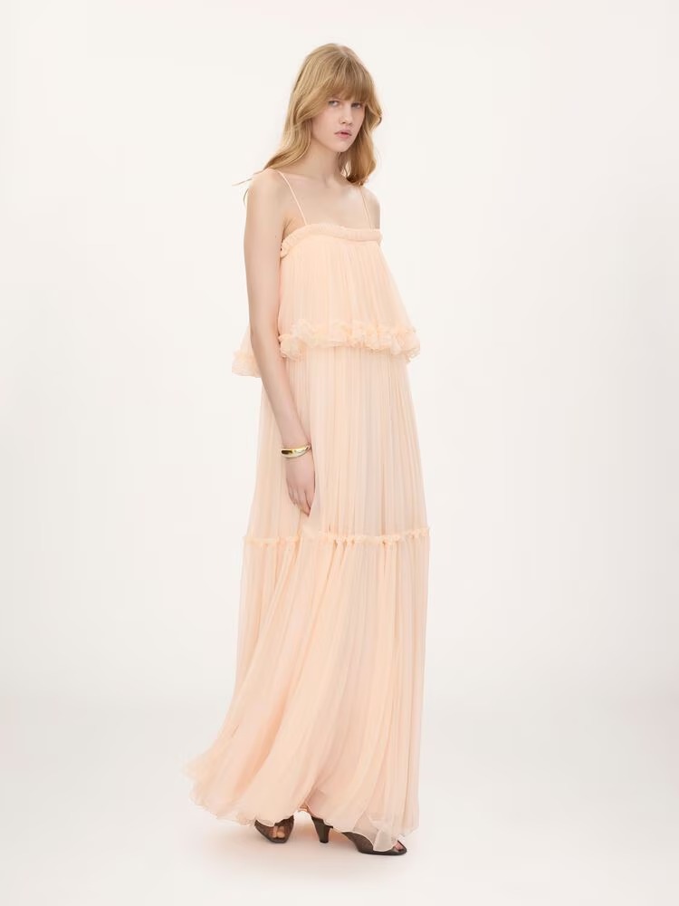 Thin-Strap Long Dress in Silk Mousseline Full Size Image 1