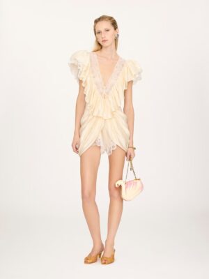 CHLOÉ V-Neck Short Jumpsuit in Washed Silk Satin & Lace