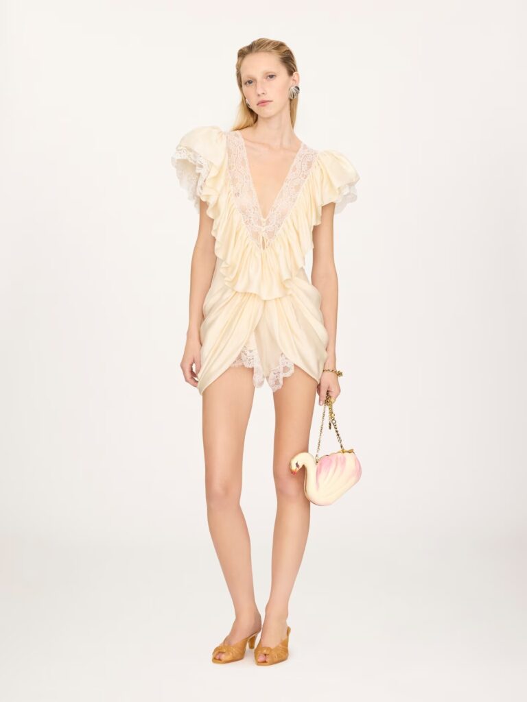 V-Neck Short Jumpsuit in Washed Silk Satin & Lace Full Size Image 1