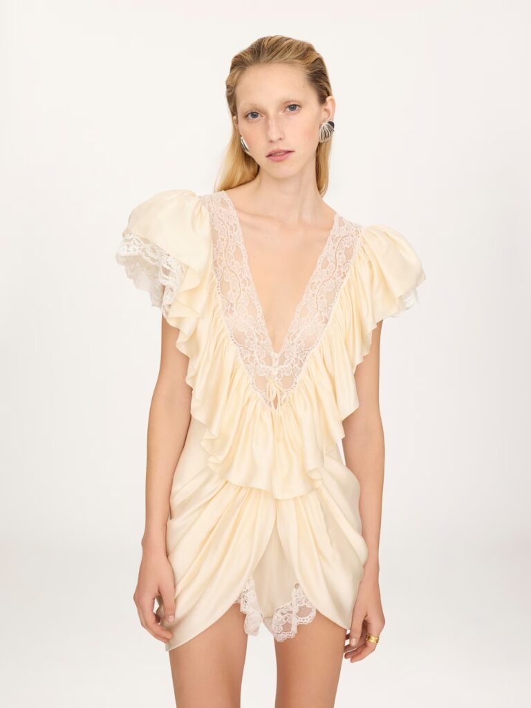 V-Neck Short Jumpsuit in Washed Silk Satin & Lace Full Size Image 6