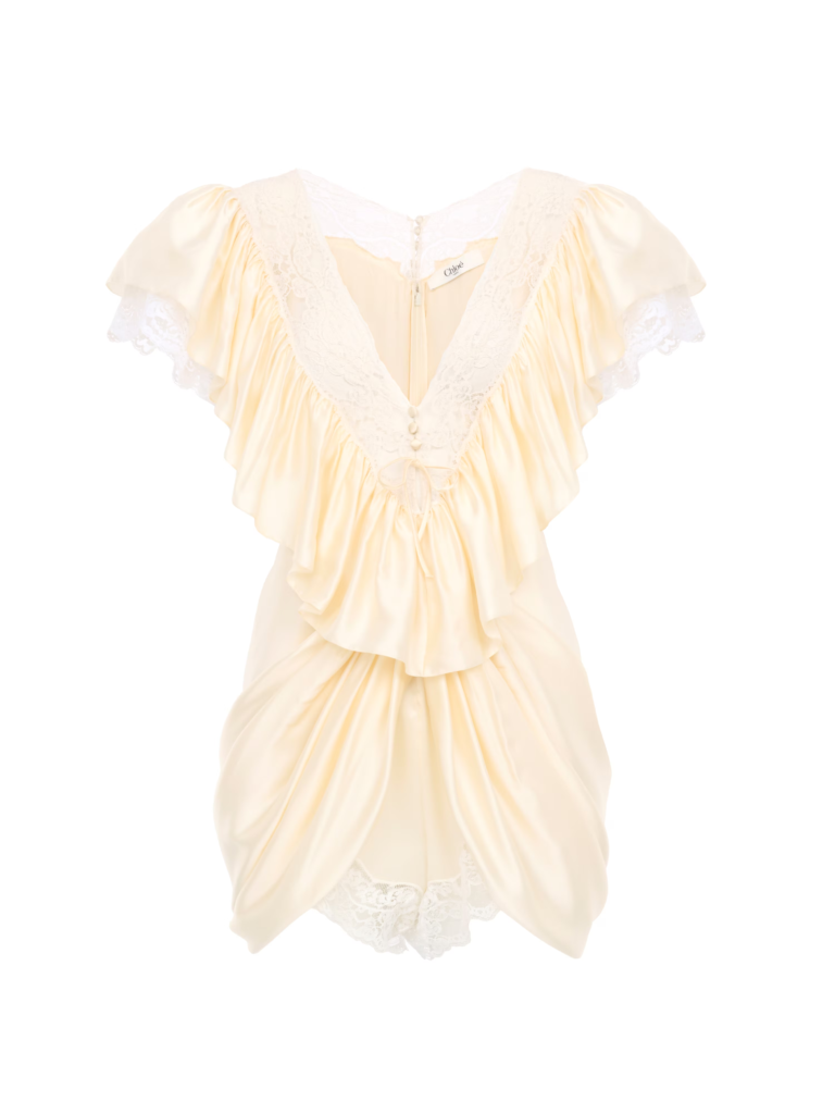 V-Neck Short Jumpsuit in Washed Silk Satin & Lace Full Size Image 3