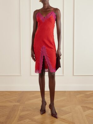 SAINT LAURENT Lace-Trimmed Silk-Satin Midi Dress