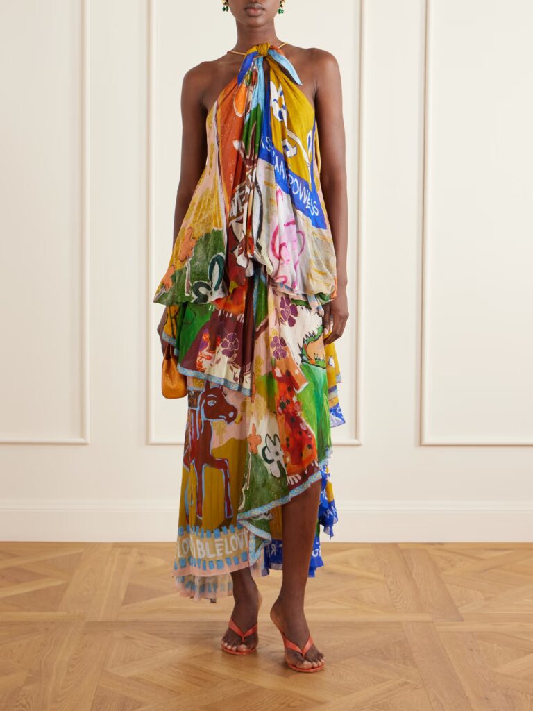 Mlak Draped Printed Organza Halterneck Midi Dress Full Size Image 1