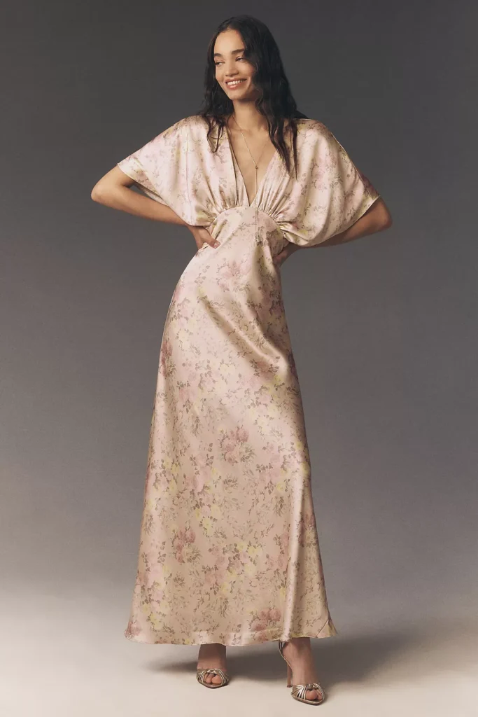 Amelia Deep-V Flutter-sleeve Satin A-line Gown Full Size Image 1