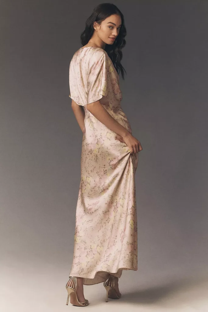 Amelia Deep-V Flutter-sleeve Satin A-line Gown Full Size Image 2