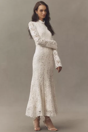 BHLDN Long-sleeve Mock-neck Stretch Lace Maxi Dress