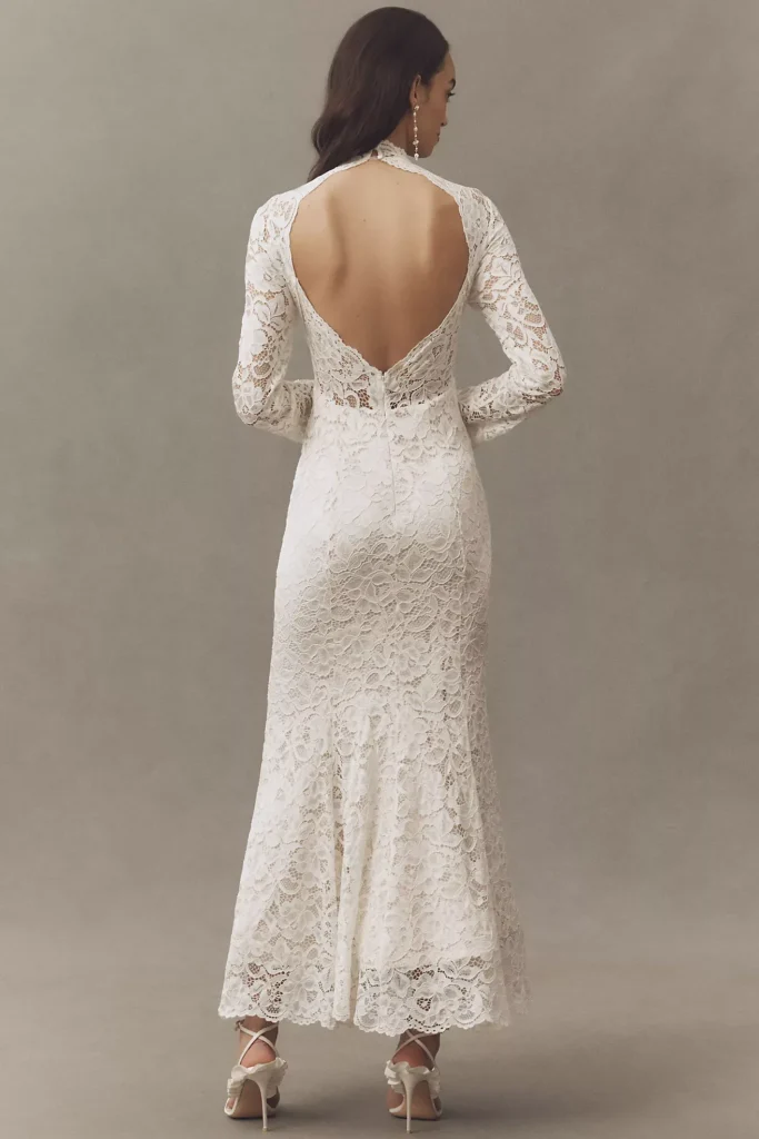 Long-sleeve Mock-neck Stretch Lace Maxi Dress Full Size Image 4