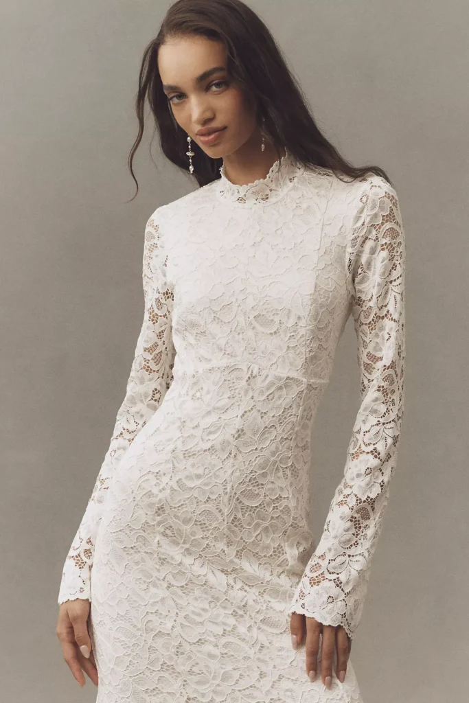Long-sleeve Mock-neck Stretch Lace Maxi Dress Full Size Image 3