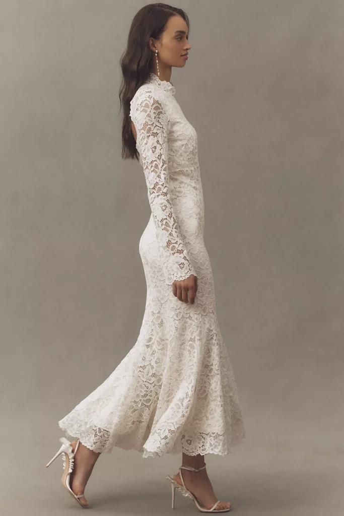Long-sleeve Mock-neck Stretch Lace Maxi Dress Full Size Image 2