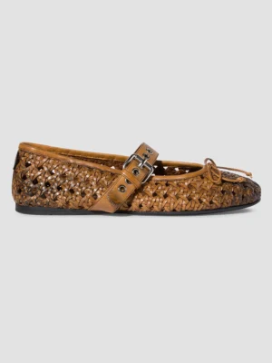 MIU MIU Woven Leather Ballerinas with Strap and Buckle