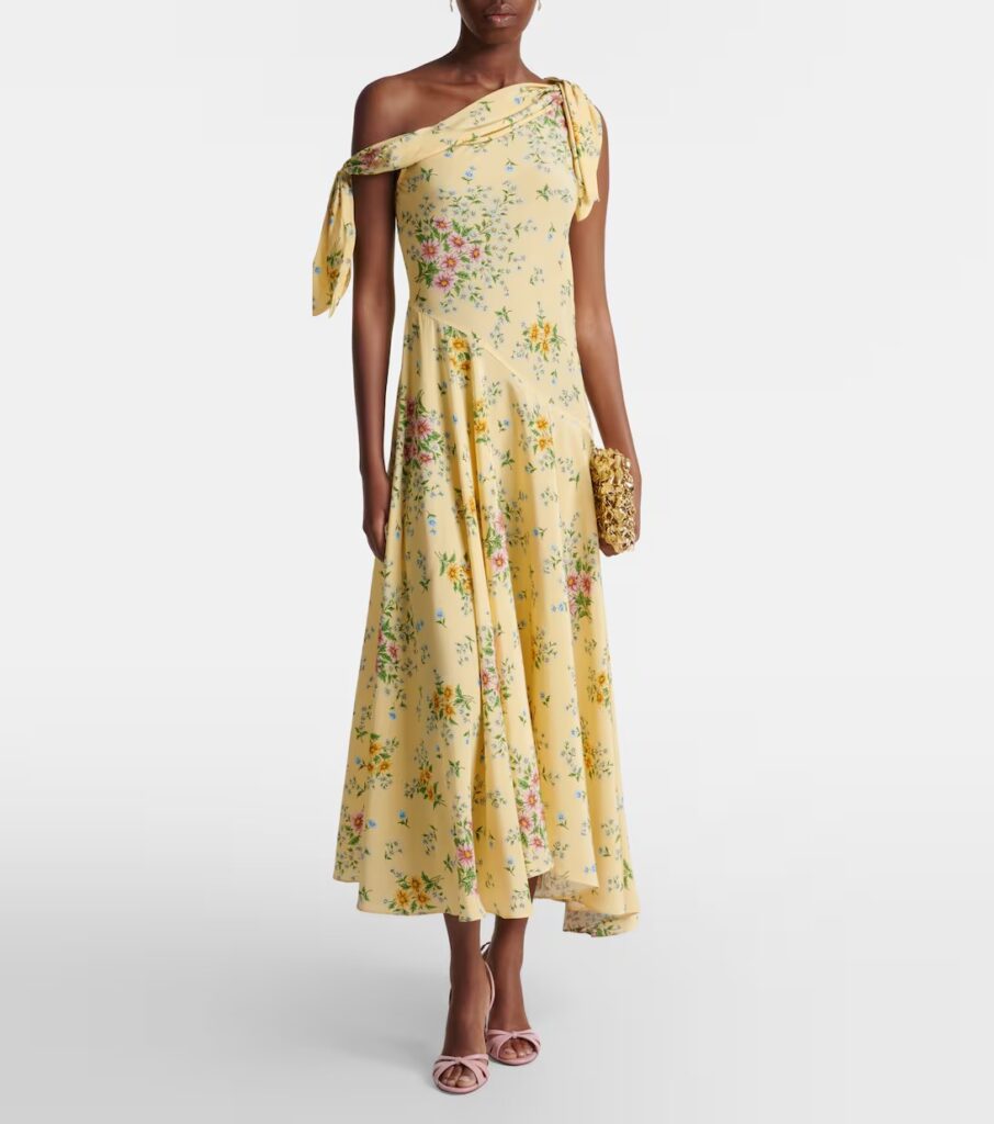 Asymmetric Floral Silk Midi Dress Full Size Image 1