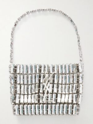 A rectangular silver handbag inspired by the Saint Laurent Bucket Supple Bag, with rows of rectangular clear crystals, featuring a silver YSL logo on the front and a handle made of matching crystal-encrusted segments.