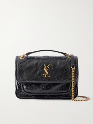 SAINT LAURENT Niki Cassandre-embellished Crinkled-leather Mini Bag
