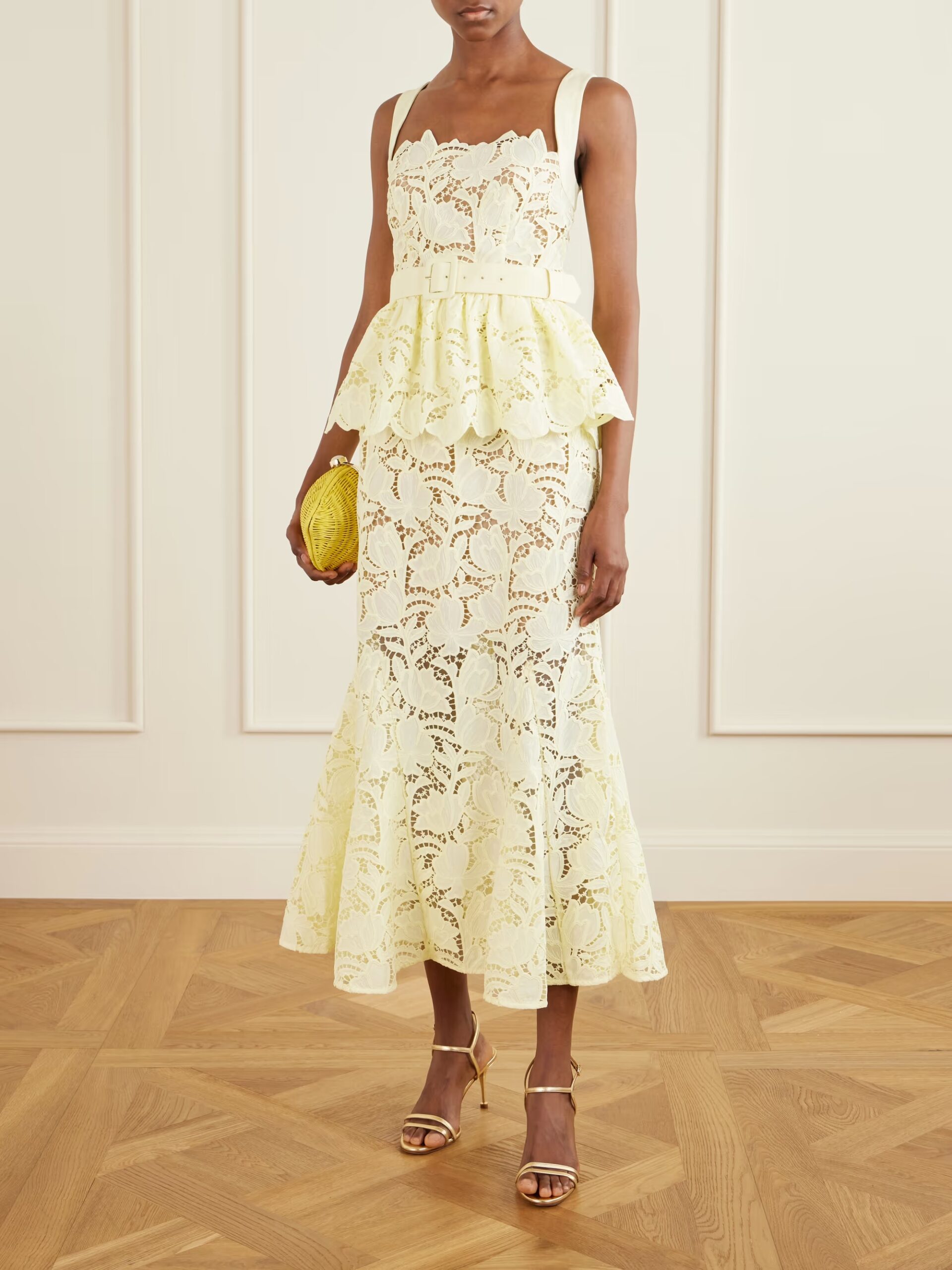 SELF-PORTRAIT Belted Lace Peplum Midi Dress